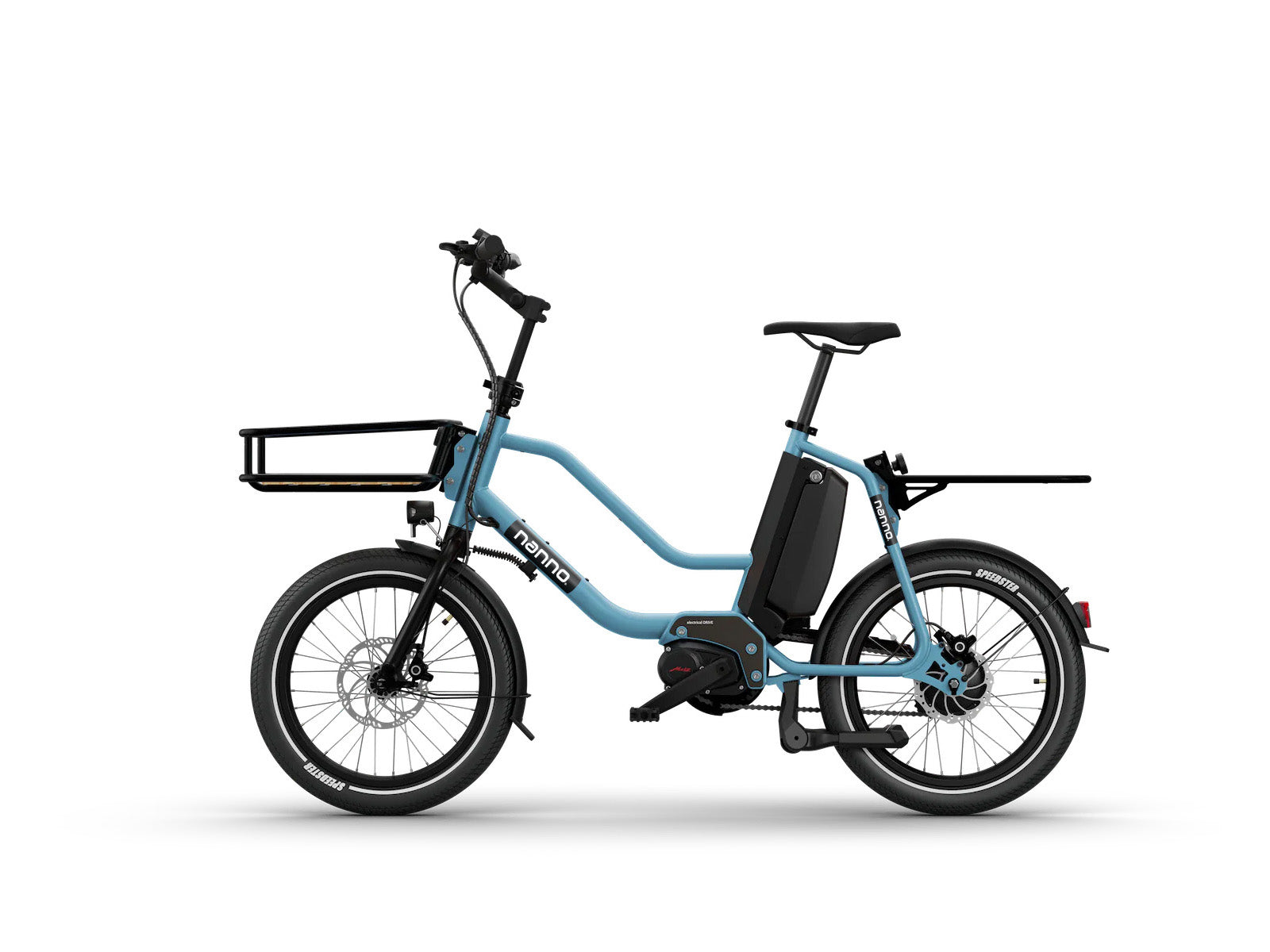 Nanno Bike step-trough urban compact electric bike with Metz drive in blue with cargo racks 